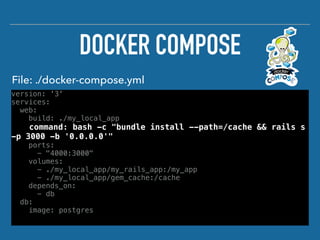 version: '3'
services:
web:
build: ./my_local_app
command: bash -c "bundle install --path=/cache && rails s
-p 3000 -b '0.0.0.0'"
ports:
- "4000:3000"
volumes:
- ./my_local_app/my_rails_app:/my_app
- ./my_local_app/gem_cache:/cache
depends_on:
- db
db:
image: postgres
DOCKER COMPOSE
File: ./docker-compose.yml
 
