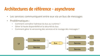 Architectures de référence - asynchrone
• Les services communiquent entre eux via un bus de messages
• Problématiques :
• Comment connaître l’adresse du bus au runtime ?
• Gérer la haute disponibilité et la sécurité du bus
• Comment gérer le versioning des services et le routage des messages ?
UI
Service
Service
Service
Service
Service
Bus
 