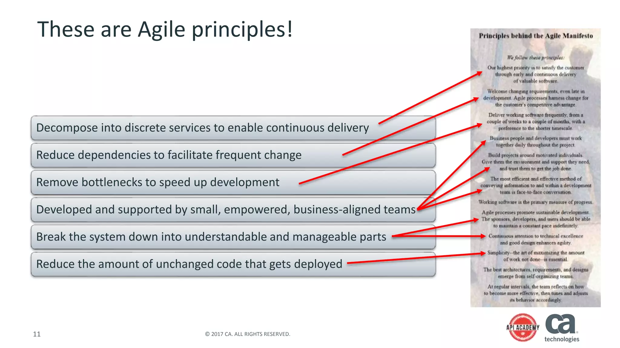 11 © 2017 CA. ALL RIGHTS RESERVED.
These are Agile principles!
Decompose into discrete services to enable continuous delivery
Reduce dependencies to facilitate frequent change
Remove bottlenecks to speed up development
Developed and supported by small, empowered, business-aligned teams
Break the system down into understandable and manageable parts
Reduce the amount of unchanged code that gets deployed
 