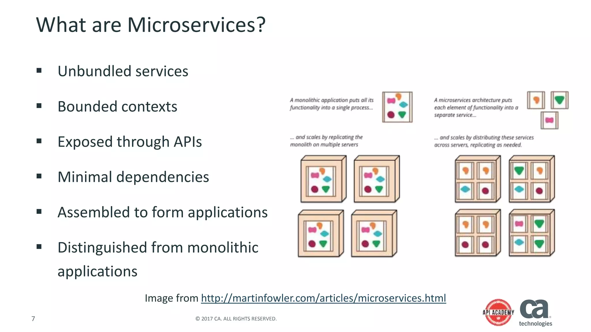 7 © 2017 CA. ALL RIGHTS RESERVED.
What are Microservices?
 Unbundled services
 Bounded contexts
 Exposed through APIs
 Minimal dependencies
 Assembled to form applications
 Distinguished from monolithic
applications
Image from http://martinfowler.com/articles/microservices.html
 