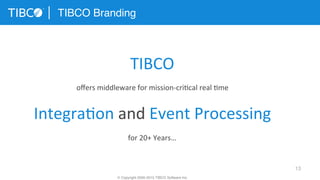 13
TIBCO Branding
© Copyright 2000-2015 TIBCO Software Inc.
TIBCO	
  
	
  
oﬀers	
  middleware	
  for	
  mission-­‐cri3cal	
  real	
  3me	
  
	
  
Integra3on	
  and	
  Event	
  Processing	
  
	
  
for	
  20+	
  Years…	
  
 