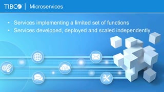 •  Services implementing a limited set of functions
•  Services developed, deployed and scaled independently
Microservices
“How to Build Microservices” by Kai Wähner © Copyright 2000-2015 TIBCO Software Inc.
 