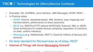 •  Examples: IDL (CORBA), Java Interface, JMS Messages, SOAP, REST, …
•  In Practice today:
–  SOAP: Internal, standards-based, XML Schema, easy mappings and
transformations, performance no issue (anymore)
–  REST (i.e. RESTful HTTP without HATEOAS): External, XML or JSON,
Good architecture for mobile devices (simplicity, separation of concerns,
no state, uniform interface)
–  Messaging (e.g. WebSockets, MQTT): Good for millions of devices (IoT,
sensors)
•  De facto standard for Microservices as of today: REST
•  Internet of Things will move Messaging forward!
34
Technologies for (Micro)Service Contracts
“How to Build Microservices” by Kai Wähner © Copyright 2000-2015 TIBCO Software Inc.
 