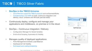 TIBCO Silver Fabric
•  DevOps in the TIBCO Universe
–  Out-of-the-box support for TIBCO products such as BusinessWorks
–  Complementary (not XOR!) to build, continuous integration and
delivery, cloud, container and VM tools (see last slide)!
•  Continuously deploy, configure and manage your
applications and middleware, on premise or in the cloud.
•  DevOps – Continuous Integration / Delivery
–  Configuration Manager for Global Variables
–  End-to-End Scripting, Automation & Visibility
•  Manages quality of deployed applications
–  Ports Management & Elastic Load Balancer
–  Dashboard & Full Visibility
–  SLA based auto scaling & elasticity
Self Service
Administration
“How to Build Microservices” by Kai Wähner © Copyright 2000-2015 TIBCO Software Inc.
 