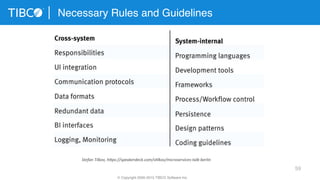 59
Necessary Rules and Guidelines
© Copyright 2000-2015 TIBCO Software Inc.
Stefan	
  Tilkov,	
  h@ps://speakerdeck.com/s2lkov/microservices-­‐talk-­‐berlin	
  
 