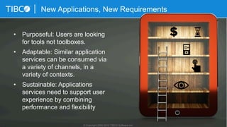 New Applications, New Requirements
•  Purposeful: Users are looking
for tools not toolboxes.
•  Adaptable: Similar application
services can be consumed via
a variety of channels, in a
variety of contexts.
•  Sustainable: Applications
services need to support user
experience by combining
performance and flexibility
© Copyright 2000-2015 TIBCO Software Inc.
 