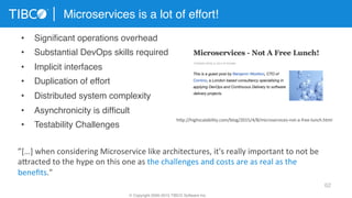 62
Microservices is a lot of effort!
© Copyright 2000-2015 TIBCO Software Inc.
•  Signiﬁcant operations overhead
•  Substantial DevOps skills required
•  Implicit interfaces
•  Duplication of effort
•  Distributed system complexity
•  Asynchronicity is difﬁcult
•  Testability Challenges
hXp://highscalability.com/blog/2015/4/8/microservices-­‐not-­‐a-­‐free-­‐lunch.html	
  
”[…]	
  when	
  considering	
  Microservice	
  like	
  architectures,	
  it's	
  really	
  important	
  to	
  not	
  be	
  
aXracted	
  to	
  the	
  hype	
  on	
  this	
  one	
  as	
  the	
  challenges	
  and	
  costs	
  are	
  as	
  real	
  as	
  the	
  
beneﬁts."	
  
 