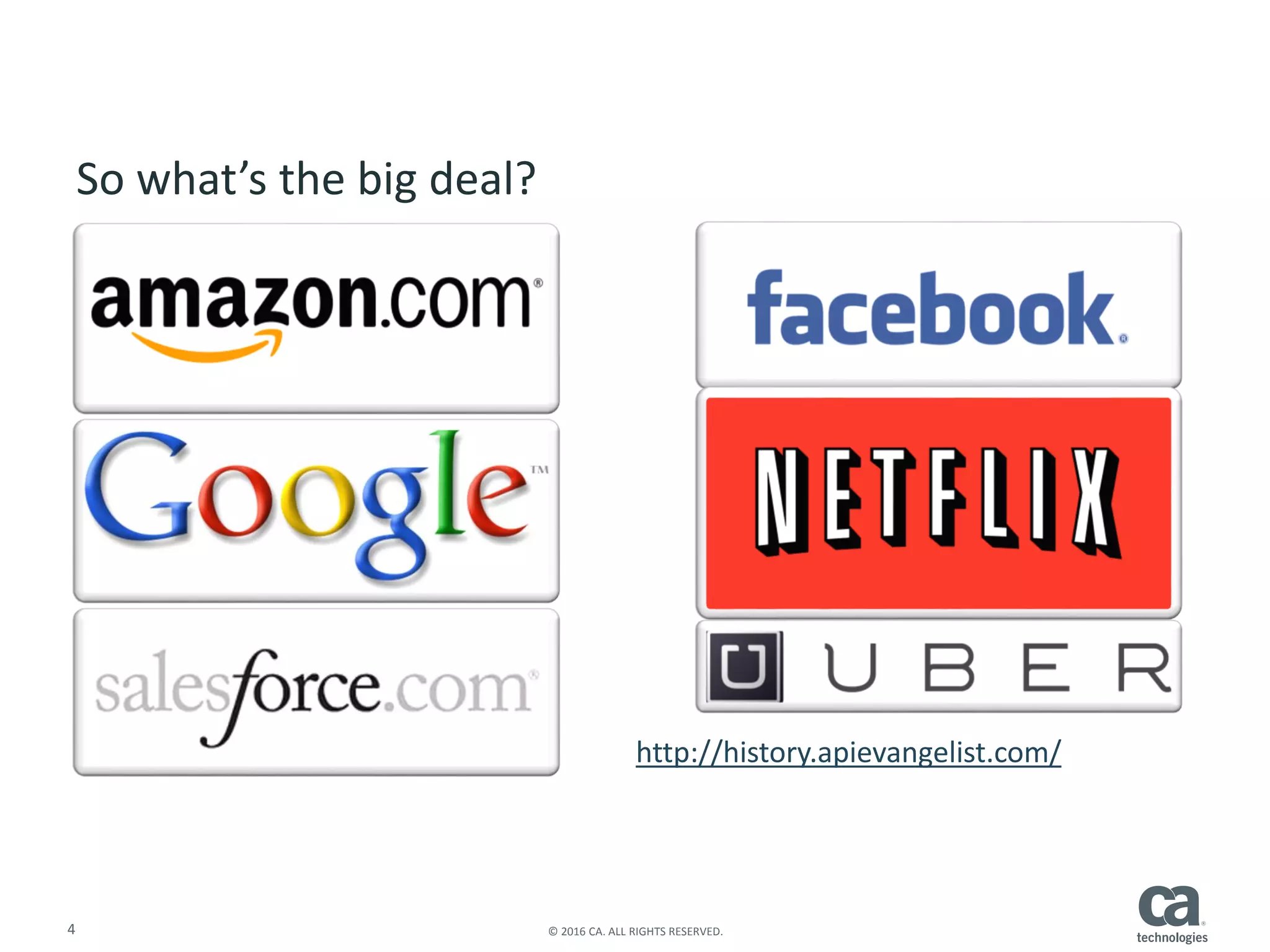 4 © 2016 CA. ALL RIGHTS RESERVED.
So what’s the big deal?
http://history.apievangelist.com/
 