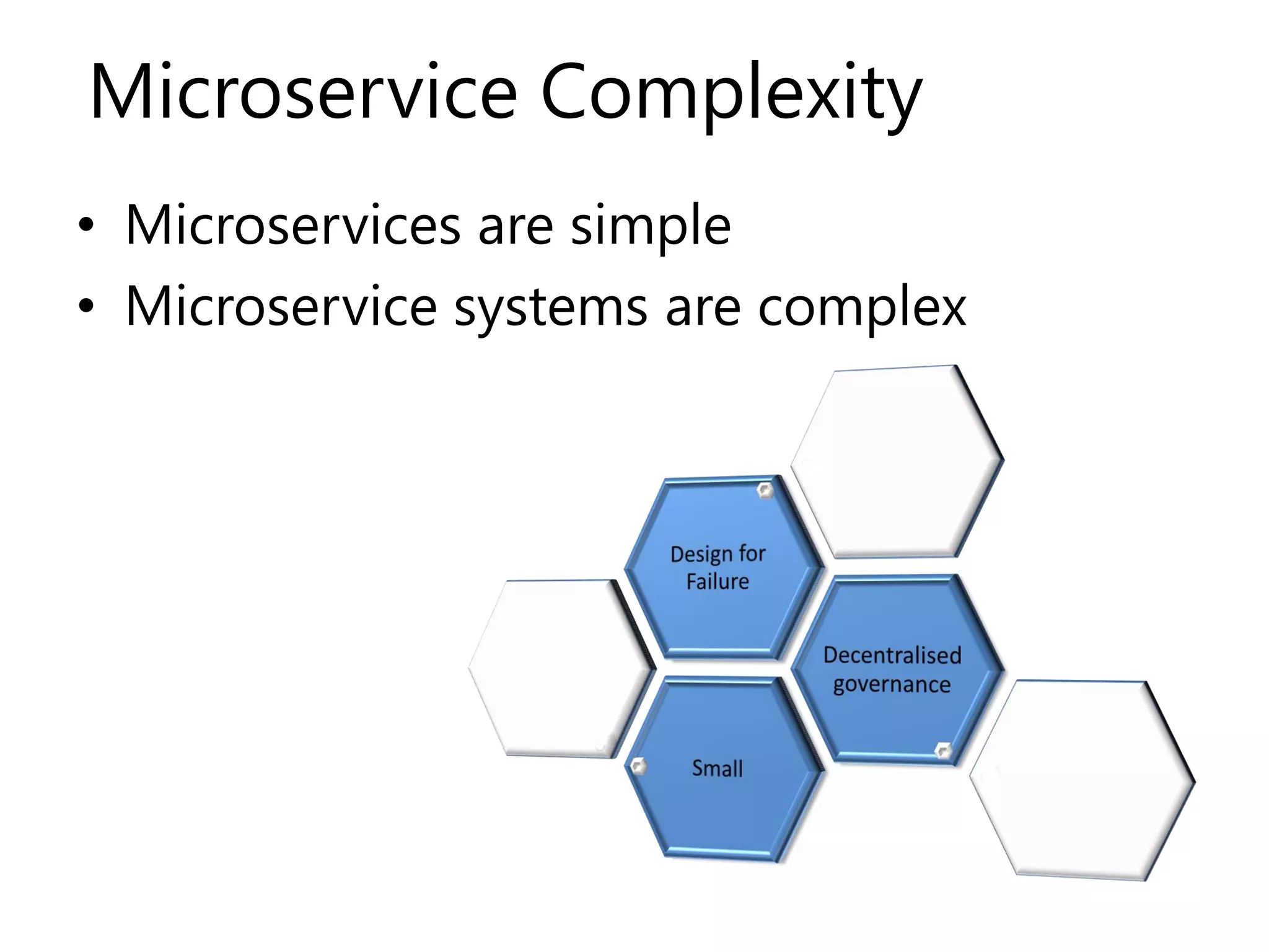 Microservice Complexity
• Microservices are simple
• Microservice systems are complex
 