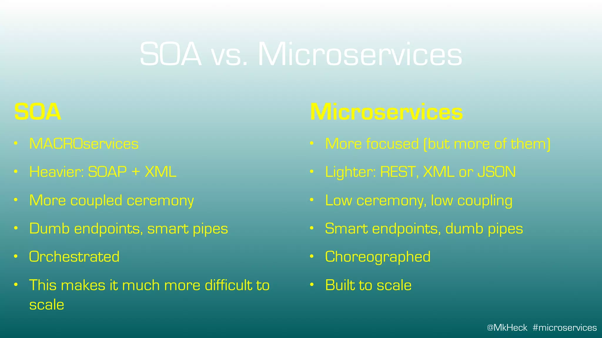 @MkHeck #microservices
• Dumb endpoints, smart pipes • Smart endpoints, dumb pipes
SOA vs. Microservices
• MACROservices
• Heavier: SOAP + XML
• More coupled ceremony
• This makes it much more difficult to
scale
• More focused (but more of them)
• Lighter: REST, XML or JSON
• Low ceremony, low coupling
• Built to scale
SOA Microservices
• Orchestrated • Choreographed
 