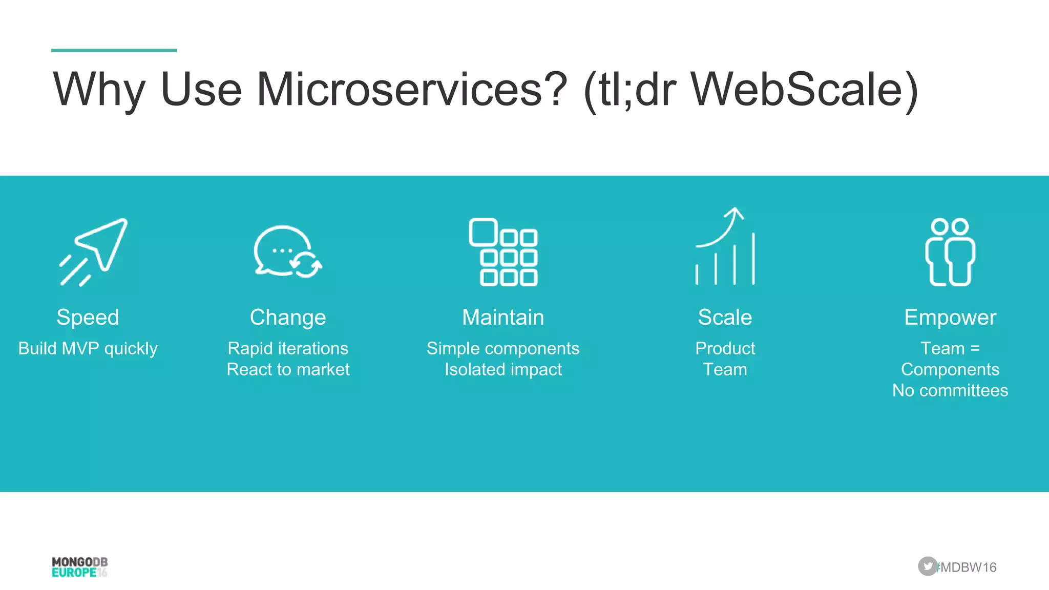 #MDBW16 Why Use Microservices? (tl;dr WebScale) Team = Components No committees Empower Build MVP quickly Speed Simple components Isolated impact Maintain Rapid iterations React to market Change Product Team Scale 