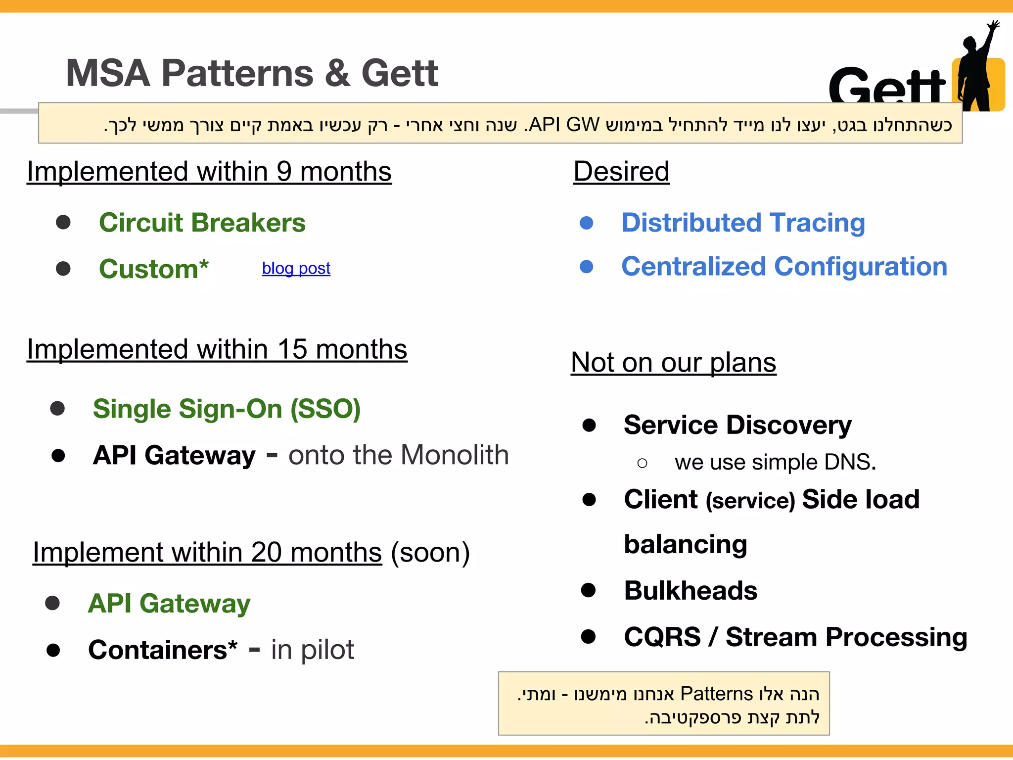 MSA Patterns & Gett
● Circuit Breakers
● Custom*
Implemented within 9 months
● Distributed Tracing
● Centralized Configuration
Implemented within 15 months
● Single Sign-On (SSO)
● API Gateway - onto the Monolith
Implement within 20 months (soon)
● API Gateway
● Containers* - in pilot
Desired
● Service Discovery
○ we use simple DNS.
● Client (service) Side load
balancing
● Bulkheads
● CQRS / Stream Processing
Not on our plans
blog post
.‫לכך‬ ‫ממשי‬ ‫צורך‬ ‫קיים‬ ‫באמת‬ ‫עכשיו‬ ‫רק‬ - ‫אחרי‬ ‫וחצי‬ ‫שנה‬ .API GW ‫במימוש‬ ‫להתחיל‬ ‫מייד‬ ‫לנו‬ ‫יעצו‬ ,‫בגט‬ ‫כשהתחלנו‬
.‫ומתי‬ - ‫מימשנו‬ ‫אנחנו‬ Patterns ‫אלו‬ ‫הנה‬
.‫פרספקטיבה‬ ‫קצת‬ ‫לתת‬
 