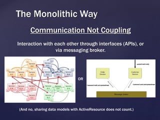 The Monolithic Way
Communication Not Coupling
Interaction with each other through interfaces (APIs), or
via messaging broker.
(And no, sharing data models with ActiveResource does not count.)
OR
 