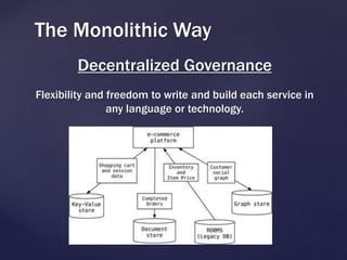 The Monolithic Way
Decentralized Governance
Flexibility and freedom to write and build each service in
any language or technology.
 