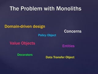 The Problem with Monoliths
Domain-driven design
Value Objects
Concerns
Entities
Policy Object
Decorators
Data Transfer Object
 
