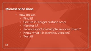 Microservice Cons
▫ How do we…
▫ Find it?
▫ Secure it? (larger surface area)
▫ Monitor it?
▫ Troubleshoot it (multiple services chain)?
▫ Know what it is (service/version)?
▫ Test it?
16
 