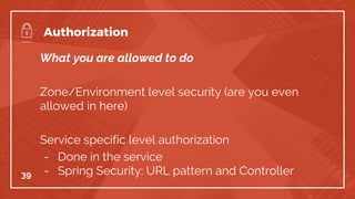 What you are allowed to do
Zone/Environment level security (are you even
allowed in here)
Service specific level authorization
- Done in the service
- Spring Security: URL pattern and Controller39
Authorization
 