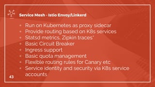 ▫ Run on Kubernetes as proxy sidecar
▫ Provide routing based on K8s services
▫ Statsd metrics, Zipkin traces*
▫ Basic Circuit Breaker
▫ Ingress support
▫ Basic quota management
▫ Flexible routing rules for Canary etc
▫ Service identity and security via K8s service
accounts43
Service Mesh - Istio Envoy/Linkerd
 