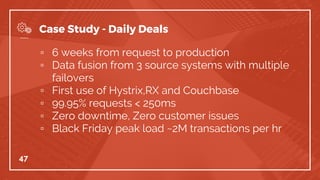 ▫ 6 weeks from request to production
▫ Data fusion from 3 source systems with multiple
failovers
▫ First use of Hystrix,RX and Couchbase
▫ 99.95% requests < 250ms
▫ Zero downtime, Zero customer issues
▫ Black Friday peak load ~2M transactions per hr
47
Case Study - Daily Deals
 