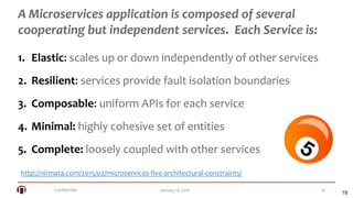 Confidential 19January 14, 2016
1. Elastic: scales up or down independently of other services
2. Resilient: services provide fault isolation boundaries
3. Composable: uniform APIs for each service
4. Minimal: highly cohesive set of entities
5. Complete: loosely coupled with other services
19
A Microservices application is composed of several
cooperating but independent services. Each Service is:
http://nirmata.com/2015/02/microservices-five-architectural-constraints/
 