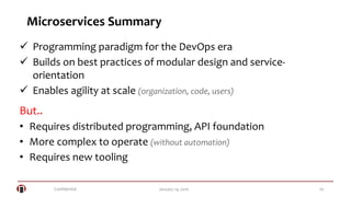Confidential 20January 14, 2016
Microservices Summary
 Programming paradigm for the DevOps era
 Builds on best practices of modular design and service-
orientation
 Enables agility at scale (organization, code, users)
But..
• Requires distributed programming, API foundation
• More complex to operate (without automation)
• Requires new tooling
 