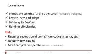 Confidential 24January 14, 2016
Containers
 Immediate benefits for any application (portability and agility)
 Easy to learn and adopt
 Gateway to DevOps
 Runtime effeciencies
But..
• Requires separation of config from code (12 factor, etc.)
• Requires new tooling
• More complex to operate (without automation)
 