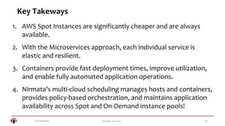 Confidential 36January 14, 2016
Key Takeways
1. AWS Spot Instances are significantly cheaper and are always
available.
2. With the Microservices approach, each individual service is
elastic and resilient.
3. Containers provide fast deployment times, improve utilization,
and enable fully automated application operations.
4. Nirmata’s multi-cloud scheduling manages hosts and containers,
provides policy-based orchestration, and maintains application
availability across Spot and On-Demand instance pools!
 