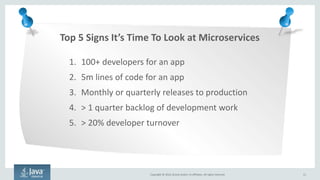 Copyright © 2016, Oracle and/or its affiliates. All rights reserved.
Common Microservice Adoption Use Cases
11
I want to extendmy existing
monolithic application by adding
microservices on the periphery.
I want to decompose
an existing modular application into
a microservices-style application
I want to build a net new
microservices-style application
from the ground up.
 