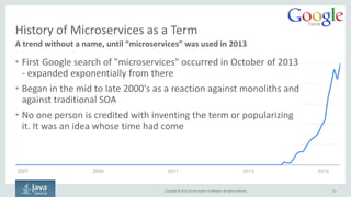 Copyright © 2016, Oracle and/or its affiliates. All rights reserved.
SOA vs. Microservices
22
SOA is the general idea, where microservices are a very specific way of achieving it
 Favors centralized orchestration
 Needlessly complicated by SOAP
 “Dumb endpoints, smart pipes”
SOA
Microservices
 Favors distributed choreography
 REST + HTTP/S = simple
 “Smart endpoints, dumb pipes”
1. Keeping consumption of services separate from the
provisioning of services
2. Separating infra management from the delivery of
application capability
3. Separating teams and decoupling services
Implementation Differences
All of the tenets of SOA also apply to microservices
 