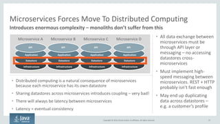 Copyright © 2016, Oracle and/or its affiliates. All rights reserved.
Microservices Forces Move To Distributed Computing
37
Introduces enormous complexity – monoliths don’t suffer from this
API
Application
Datastore
Infrastructure
API
Application
Datastore
Infrastructure
API
Application
Datastore
Infrastructure
API
Application
Datastore
Infrastructure
Microservice A Microservice B Microservice C Microservice D
• Distributed computing is a natural consequence of microservices
because each microservice has its own datastore
• Sharing datastores across microservices introduces coupling – very bad!
• There will always be latency between microservices
• Latency = eventual consistency
• All data exchange between
microservices must be
through API layer or
messaging – no accessing
datastores cross-
microservices
• Must implement high-
speed messaging between
microservices. REST + HTTP
probably isn’t fast enough
• May end up duplicating
data across datastores –
e.g. a customer’s profile
 