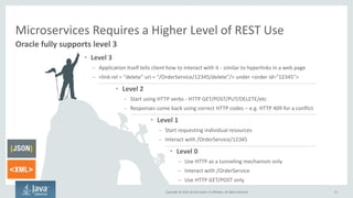 Copyright © 2016, Oracle and/or its affiliates. All rights reserved.
REST: Representational State Transfer
51
Strongly associated with microservices but not a technical requirement
HTTP
REST
XML or JSON
HTTP
Response
Codes
• Much simpler alternative to SOAP
• Uses GET, POST, PUT, DELETE, etc – just
like web browsers do
• Synchronous inter-microservice
communication often occurs over binary
• Can version APIs - /v1.2/customer
• Can use XML or JSON
– XML is often better - supports XPath, CSS
selectors
• Can't generate strongly typed stubs
REST =
 