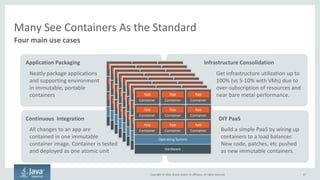 Copyright © 2016, Oracle and/or its affiliates. All rights reserved.
Containers Make Microservices Easier
67
Helpful to microservices but not a requirement
Hardware
Hypervisor
VM 1
OS
App
VM 2
OS
App
Hardware Virtualization
Hardware
Operating System
Hypervisor
VM 1
OS
App
VM 2
OS
App
Para-virtualization
Hardware
Operating System
Container 1
App
Container 2
App
Containers
• #1 value – app
packaging
• Microservices doesn't
rely on containers but
they do help:
– Higher density
– Easy to start/stop
– Portability
• Containers are
lightweight, just like
microservices
themselves
 