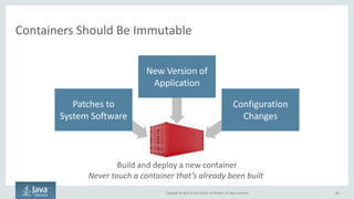Copyright © 2016, Oracle and/or its affiliates. All rights reserved.
Many See Containers As the Standard
68
Four main use cases
Hardware
Operating System
Container
App
Container
App
Container
App
Container
App
Container
App
Container
App
Container
App
Container
App
Container
App
Hardware
Operating System
Container
App
Container
App
Container
App
Container
App
Container
App
Container
App
Container
App
Container
App
Container
App
Hardware
Operating System
Container
App
Container
App
Container
App
Container
App
Container
App
Container
App
Container
App
Container
App
Container
App
Hardware
Operating System
Container
App
Container
App
Container
App
Container
App
Container
App
Container
App
Container
App
Container
App
Container
App
Hardware
Operating System
Container
App
Container
App
Container
App
Container
App
Container
App
Container
App
Container
App
Container
App
Container
App
Hardware
Operating System
Container
App
Container
App
Container
App
Container
App
Container
App
Container
App
Container
App
Container
App
Container
App
Hardware
Operating System
Container
App
Container
App
Container
App
Container
App
Container
App
Container
App
Container
App
Container
App
Container
App
Hardware
Operating System
Container
App
Container
App
Container
App
Container
App
Container
App
Container
App
Container
App
Container
App
Container
App
Application Packaging
Continuous Integration DIY PaaS
Infrastructure Consolidation
Neatly package applications
and supporting environment
in immutable, portable
containers
All changes to an app are
contained in one immutable
container image. Container is tested
and deployed as one atomic unit
Get infrastructure utilization up to
100% (vs 5-10% with VMs) due to
over-subscription of resources and
near bare metal performance.
Build a simple PaaS by wiring up
containers to a load balancer.
New code, patches, etc pushed
as new immutable containers.
 