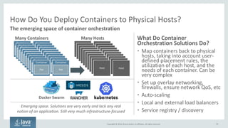 Copyright © 2016, Oracle and/or its affiliates. All rights reserved.
One Instance Per Container is Typical
• Best to run one instance
(unique host/port
combination) per container
• Running multiple instances of
the same application or
different applications will
make scheduling very difficult
• Expose one port per container
70
Physical Host
Operating System
Container
App
Container
App
Just One Per Container
 