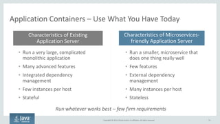 Copyright © 2016, Oracle and/or its affiliates. All rights reserved.
Run Many Versions of the Same Microservice Concurrently
74
Monolithic
Application
v1.1
Microservice A
Microservice A
Microservice A
Microservice A
Microservice AMicroservice B
v1.1
Microservice A
Microservice A
Microservice A
Microservice A
Microservice A
Microservice A
Microservice A
Microservice A
Microservice A
Microservice AMicroservice B
v1.2
Microservice A
Microservice A
Microservice A
Microservice A
Microservice A
Run only one version of the same
application in the same environment
Run many versions of each
microservice in the same environment
Microservice A
v1.2
Microservice A
v1.1
 