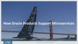 Copyright © 2016, Oracle and/or its affiliates. All rights reserved.
Application Containers – Use What You Have Today
75
Characteristics of Microservices-
friendly Application Server
Characteristics of Existing
Application Server
• Run a smaller, microservice that
does one thing really well
• Few features
• External dependency
management
• Many instances per host
• Stateless
• Run a very large, complicated
monolithic application
• Many advanced features
• Integrated dependency
management
• Few instances per host
• Stateful
Run whatever works best – few firm requirements
 