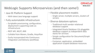 Copyright © 2016, Oracle and/or its affiliates. All rights reserved.
Java EE Platform Supports Microservices
• Standards based infrastructure
– Prescribed, validated set of APIs and services
– WAR file deployment for service boundary
• Enables development of thin Microservices
– Assemble application code and resources only
– APIs and implementation libraries supplied by
platform
• Freedom to choose best service topology
– One service per server, multiple services per server
– One server per container/host
– Multiple containers/servers per host
85
JAX-RS
CDI
HTTP/S WebSocket
EJB
JPA
JSON
JDBC
υS υS
Data
Store
Data
Store
JAX-RS
CDI
HTTP/S WebSocket
EJB
JPA
JSON
JDBC
υS υS
PDB PDB
 
