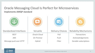 Copyright © 2016, Oracle and/or its affiliates. All rights reserved.
Oracle Coherence – Oracle’s Distributed Data Grid
• Reliable in-memory key-value store
– Dynamically scalable
– Scale processing with data
– Flexible topology support
• Java, .NET, C++, REST, Memcached,
Jcache client support
• In-place distributed processing
• Queries & continuous queries
• Map-reduce aggregation
• Event notification / event programming
model
• Distributed Lambdas and Streams
91
Architected for microservice state management
 