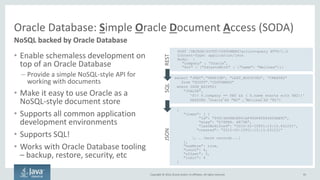 Copyright © 2016, Oracle and/or its affiliates. All rights reserved.
Pluggable Databases
• Container Database
– Multi-tenant database that includes zero, one or
many pluggable databases
– Upgrades, etc are performed against container
• Pluggable Database
– A full database to the client except that behind the
scenes it doesn’t have its own controlfiles, redo logs,
undo, etc
– Just a collection of datafiles and tempfiles to handle
its own objects, including its own data dictionary
– Can easily move Pluggable Databases from one
container to another
95
One Container Database per application, one Pluggable Database per microservice
 