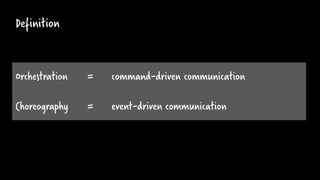 Definition
Orchestration = command-driven communication
Choreography = event-driven communication
 