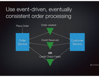 @crichardson
Use event-driven, eventually
consistent order processing
Order
Service
Customer
Service
Order created
Credit Reserved
Credit Check Failed
Place Order
OR
 
