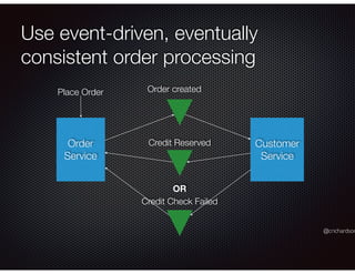 @crichardson
Use event-driven, eventually
consistent order processing
Order
Service
Customer
Service
Order created
Credit ...