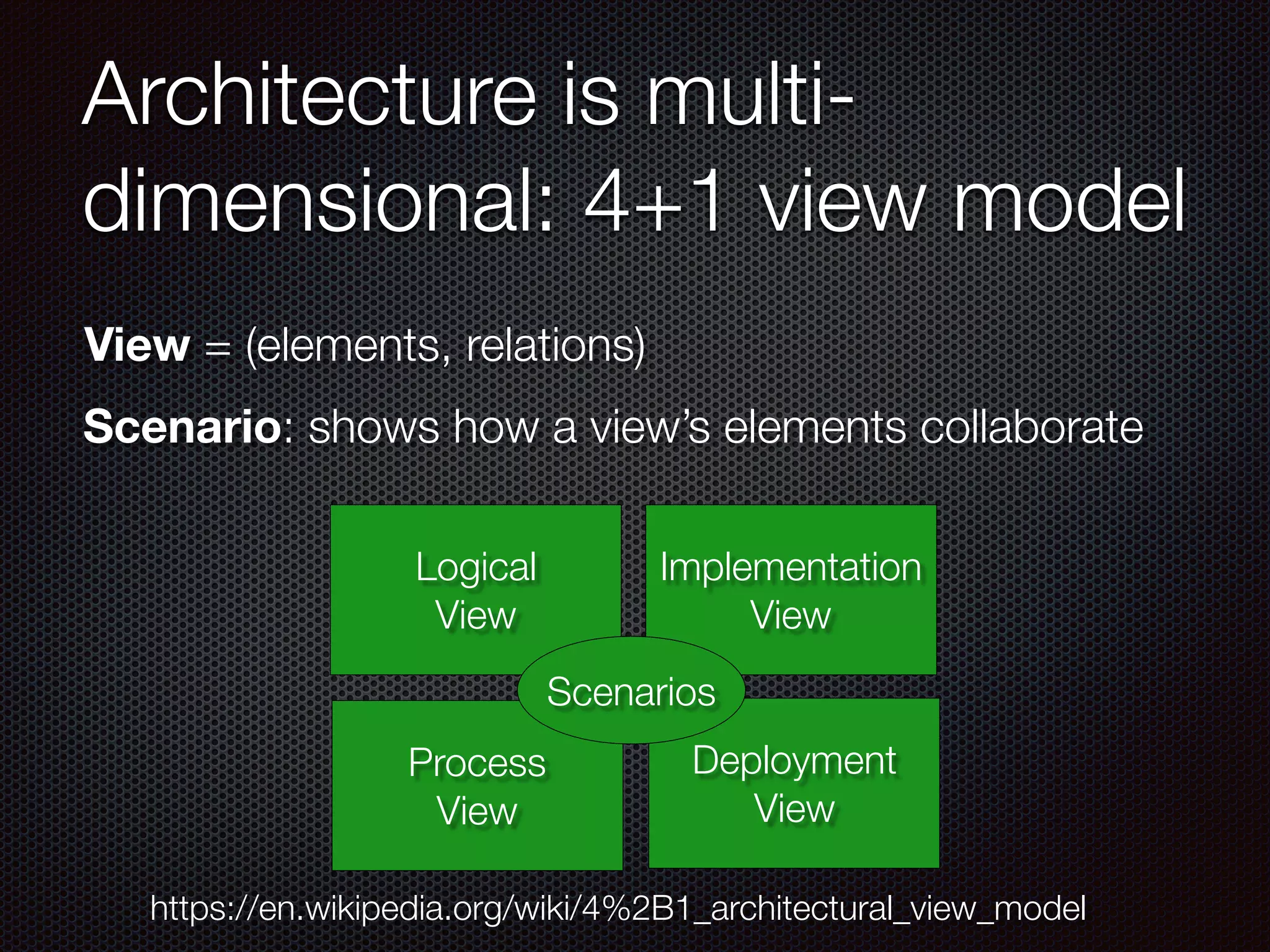 Architecture is multi- dimensional: 4+1 view model Logical View Process View Deployment View Implementation View Scenarios https://en.wikipedia.org/wiki/4%2B1_architectural_view_model View = (elements, relations) Scenario: shows how a view’s elements collaborate 