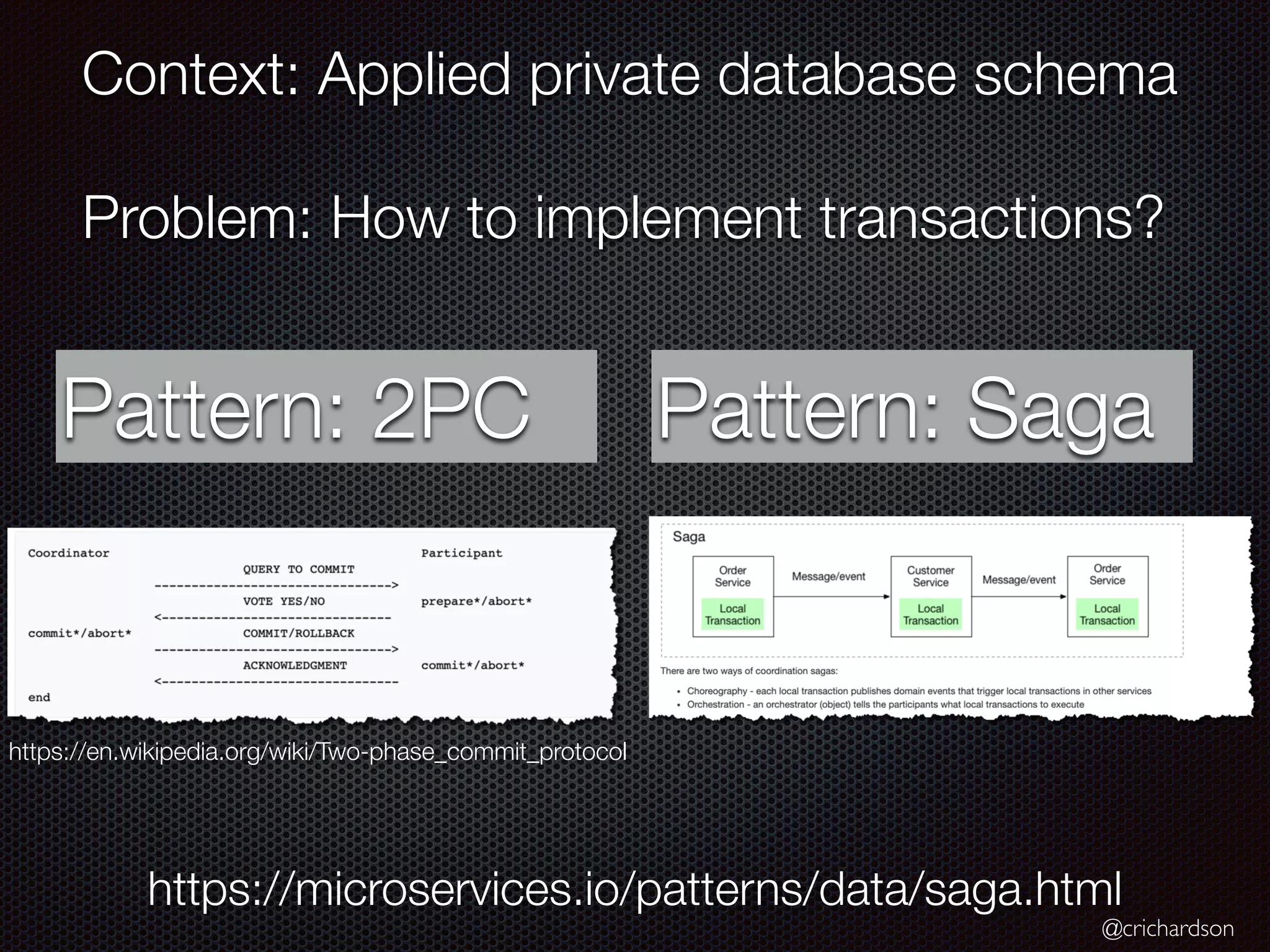 @crichardson Context: Applied private database schema Problem: How to implement transactions? https://en.wikipedia.org/wiki/Two-phase_commit_protocol Pattern: 2PC Pattern: Saga https://microservices.io/patterns/data/saga.html 