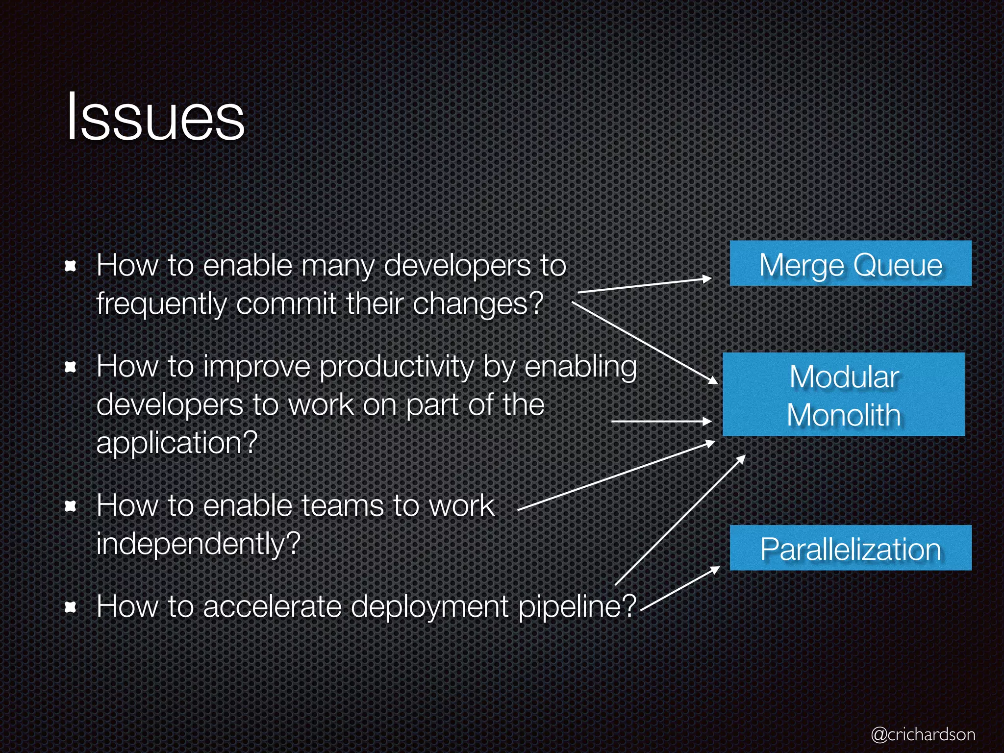 @crichardson
Issues
How to enable many developers to
frequently commit their changes?
How to improve productivity by enabling
developers to work on part of the
application?
How to enable teams to work
independently?
How to accelerate deployment pipeline?
Merge Queue
Modular
Monolith
Parallelization
 