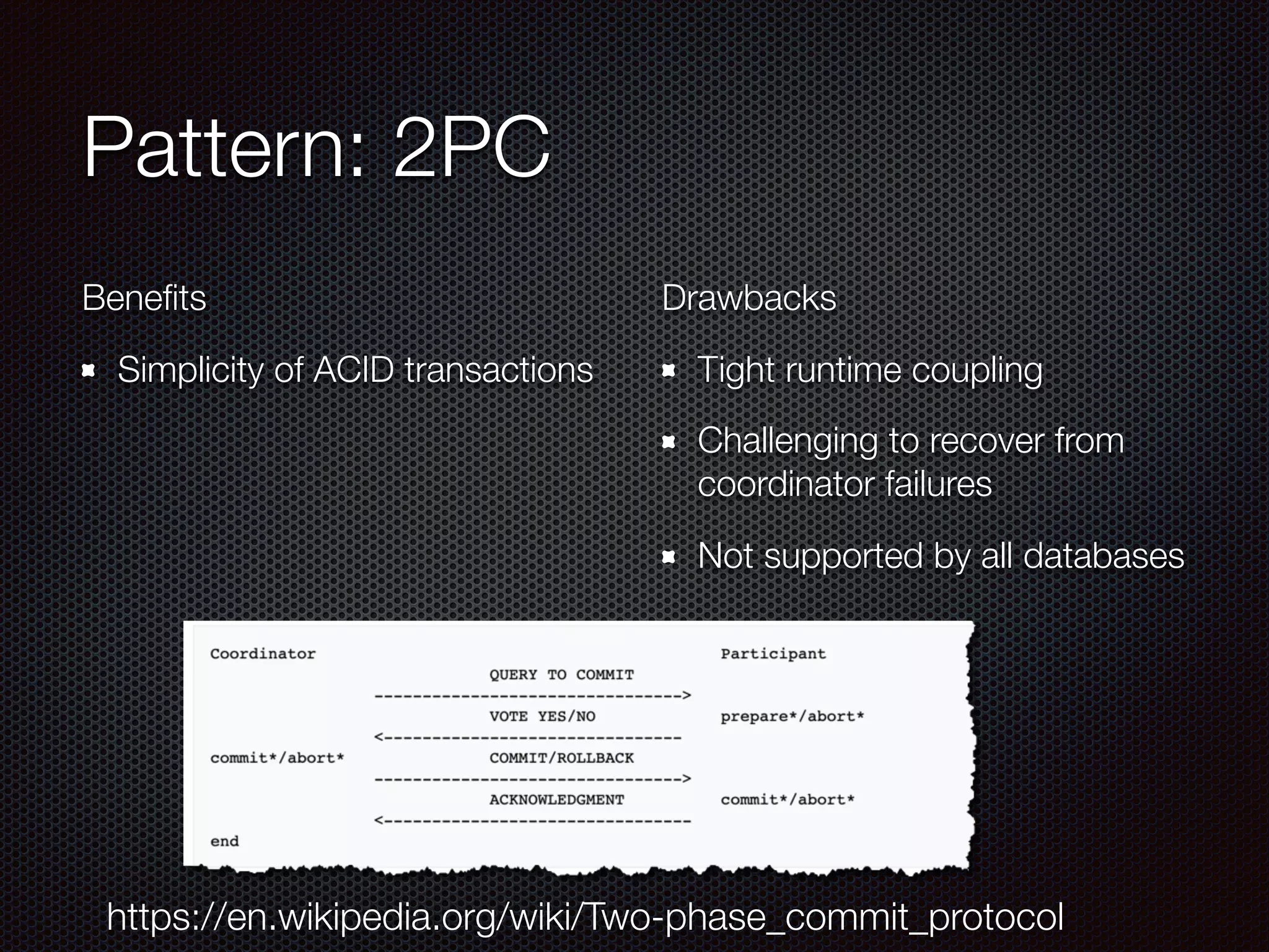 Pattern: 2PC
Benefits
Simplicity of ACID transactions
Drawbacks
Tight runtime coupling
Challenging to recover from
coordinator failures
Not supported by all databases
https://en.wikipedia.org/wiki/Two-phase_commit_protocol
 