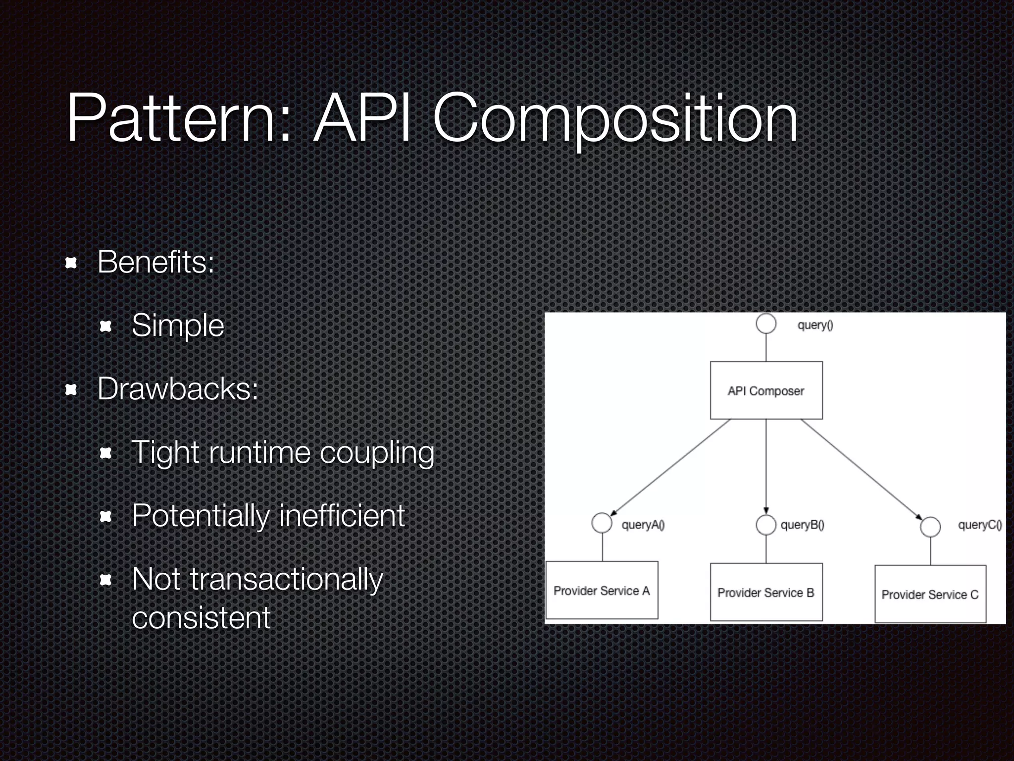 Pattern: API Composition
Benefits:
Simple
Drawbacks:
Tight runtime coupling
Potentially inefficient
Not transactionally
consistent
 