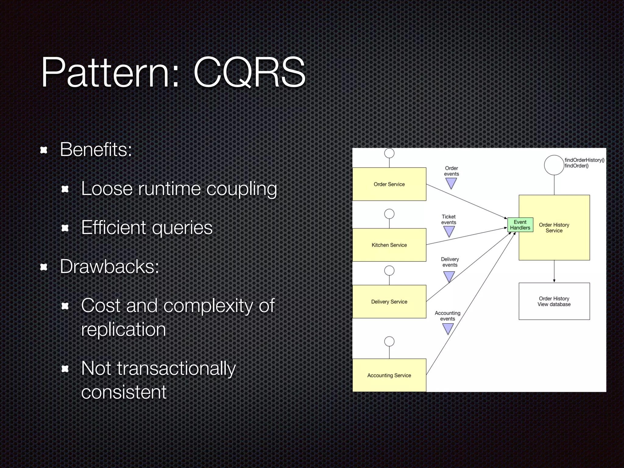 Pattern: CQRS
Benefits:
Loose runtime coupling
Efficient queries
Drawbacks:
Cost and complexity of
replication
Not transactionally
consistent
 