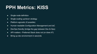 PPH Metrics: KISS
● Single node definition
● Single scaling up/down strategy
● Platform agnostic (if possible)
● Human readable Configuration Management and IaC
● DevOps friendly (bridge the gap between Dev & Ops)
● API matters - Preferred Stack does not (or does it?)
● Bring up dev environment in seconds
 