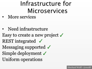 Eberhard Wolff - @ewolff
Infrastructure for
Microservices
•  More services
•  Need infrastructure
Easy to create a new project
REST integrated
Messaging supported
Simple deployment
Uniform operations
✓
✓
✓
✓
 